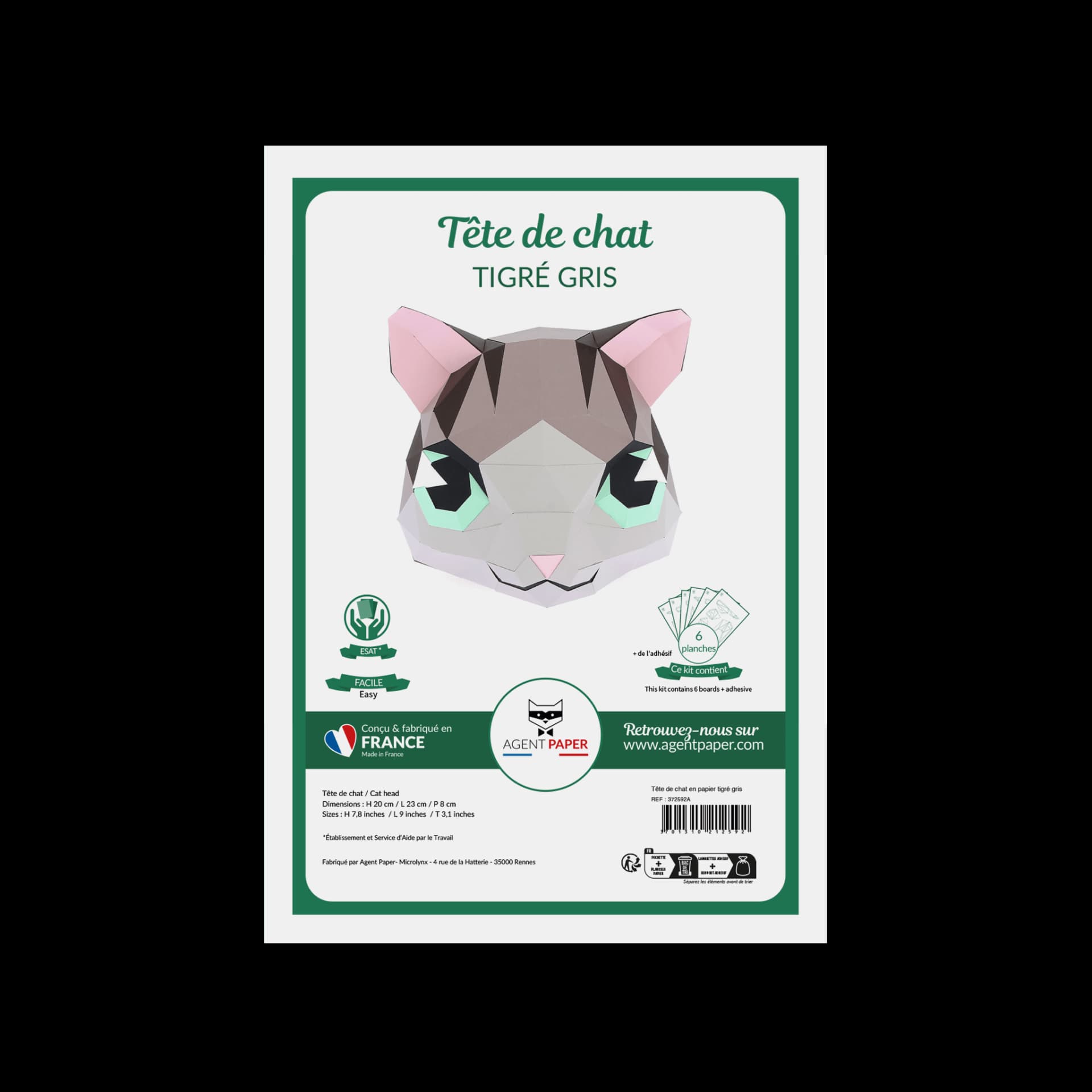 Kit origami 3D en papier tête de chat tigre gris