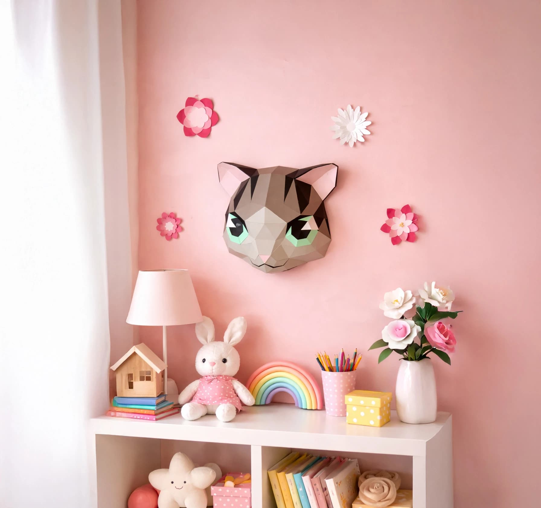 Décoration origami 3D en papier d'une tête de chat tigre gris accrochée dans une chambre d'enfant au dessus d'un petit bureau