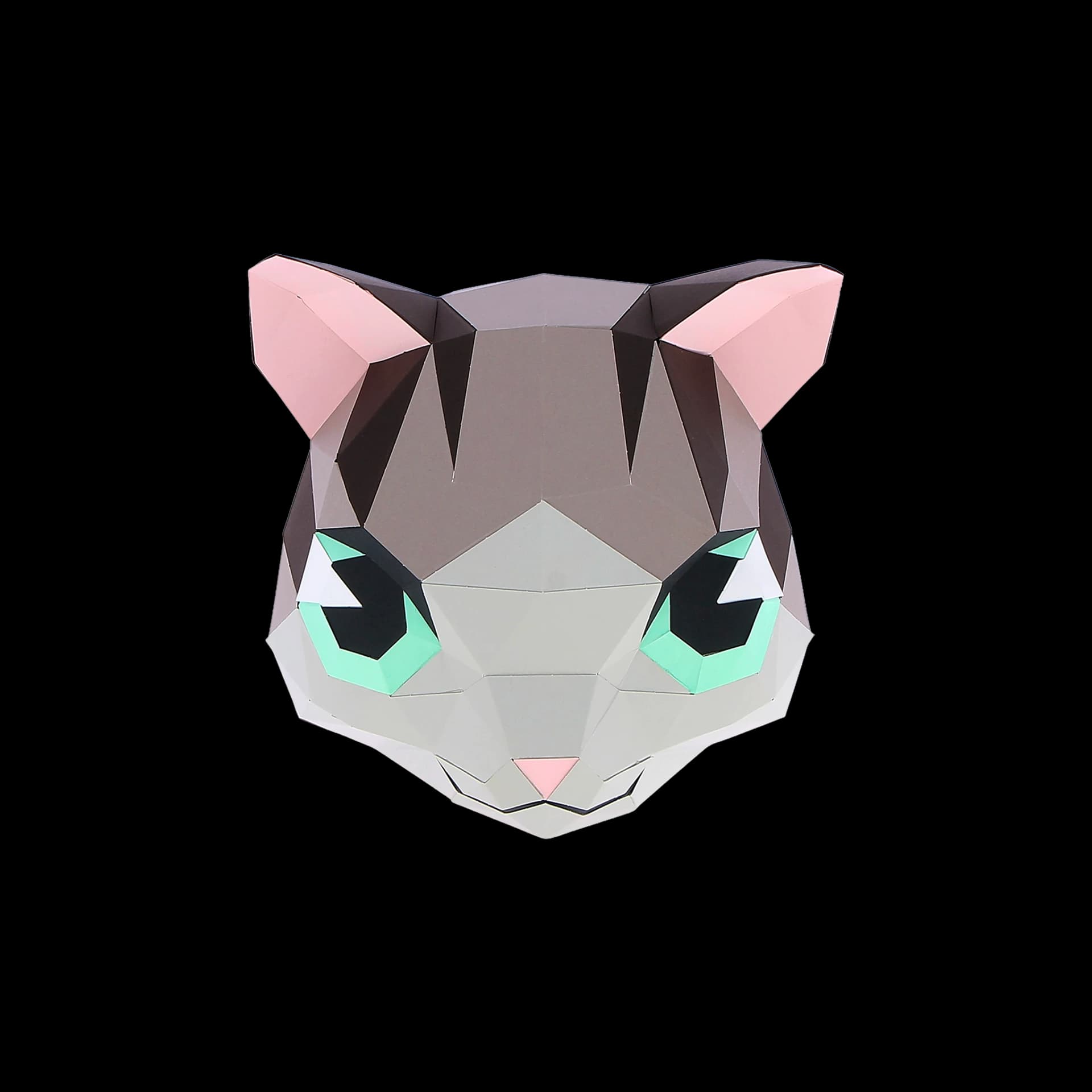 Décoration murale origami 3D en papier, représentant une tête de chat tigre gris