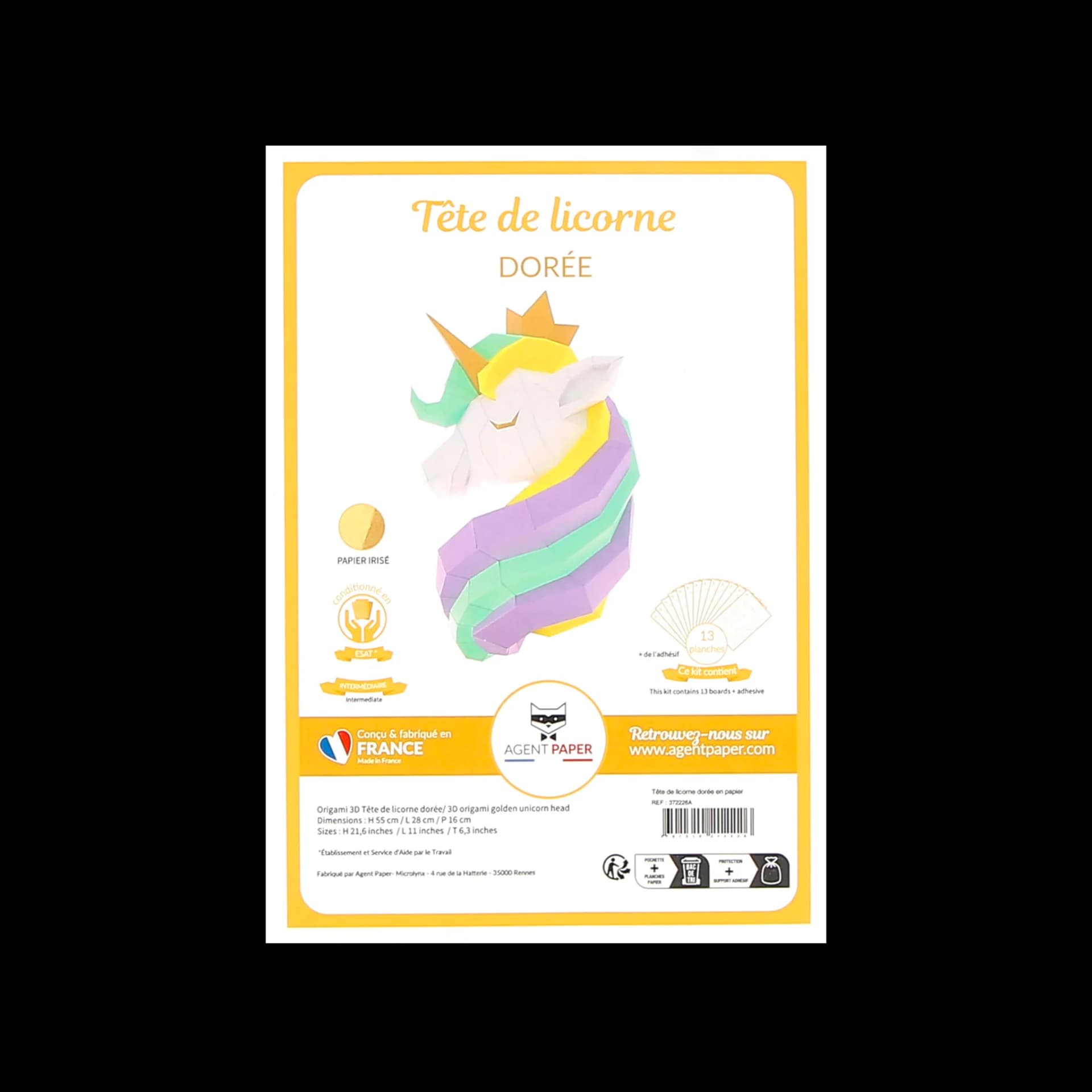 Kit origami 3D en papier tête de licorne dorée