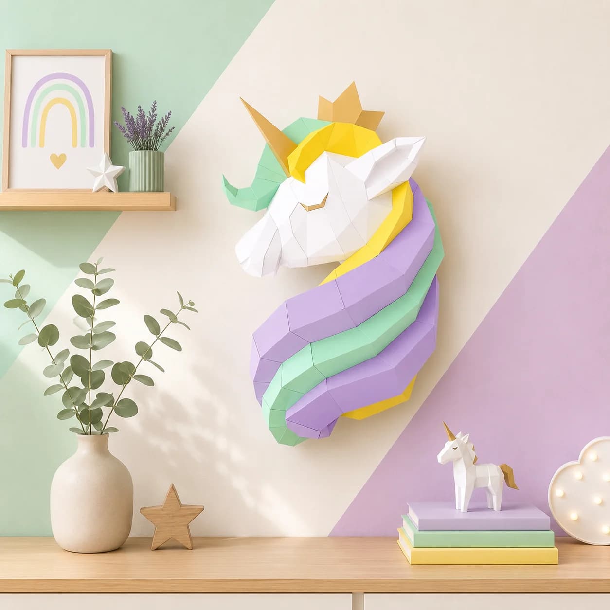 Décoration origami 3D en papier d'une tête de licorne verte, violet, jaunen dorée accrochée dans une chambre d'enfant au dessus d'un lit