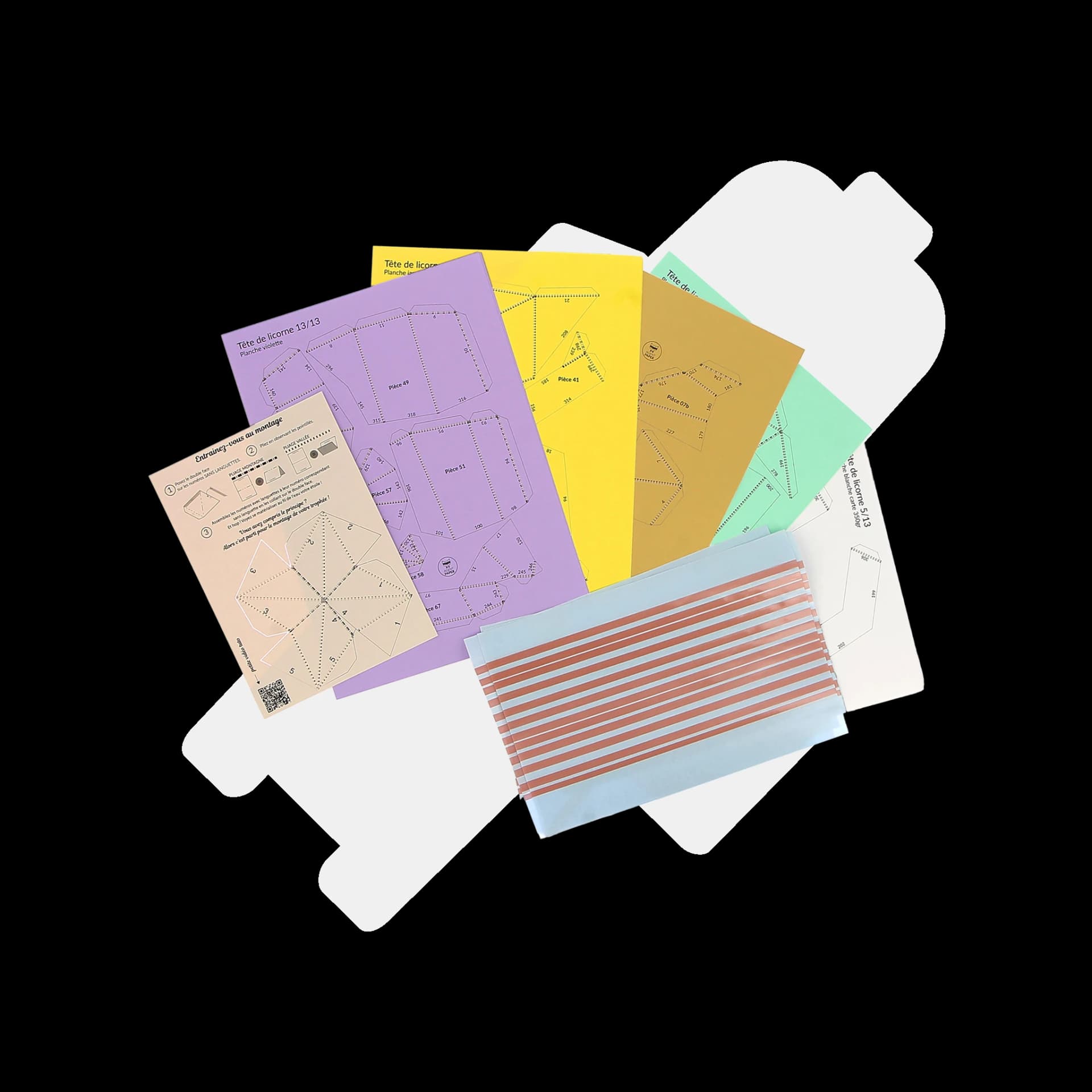 Contenu kit origami 3D en papier tête de licorne dorée