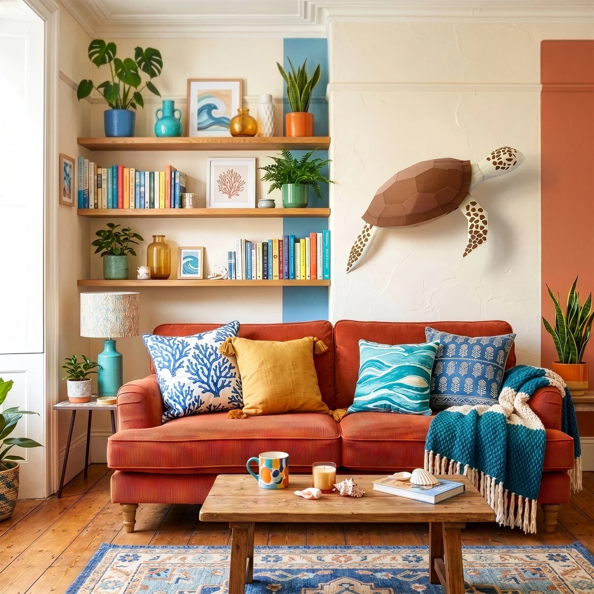 Décoration origami 3D en papier d'une tortue marine caouanne marron et beige, accrochée dans un salon au dessus du canapé, ambiance mer et maison de vacances