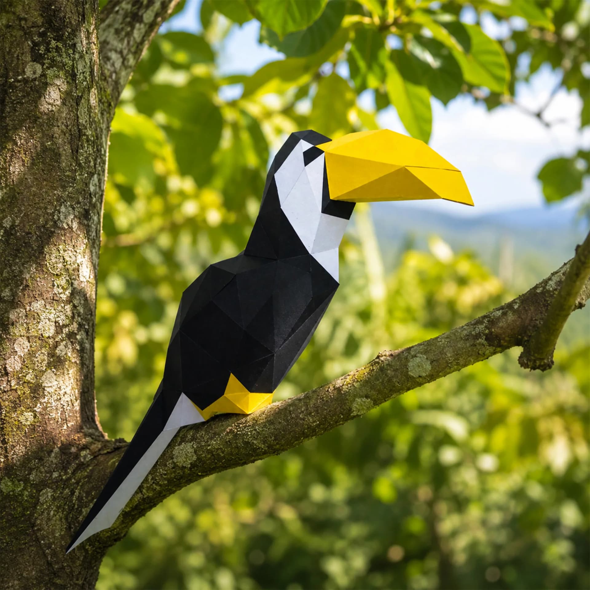 Décoration origami 3D en papier d'un toucan noir, blanc et jaune posé sur une branche d'arbre dans la nature