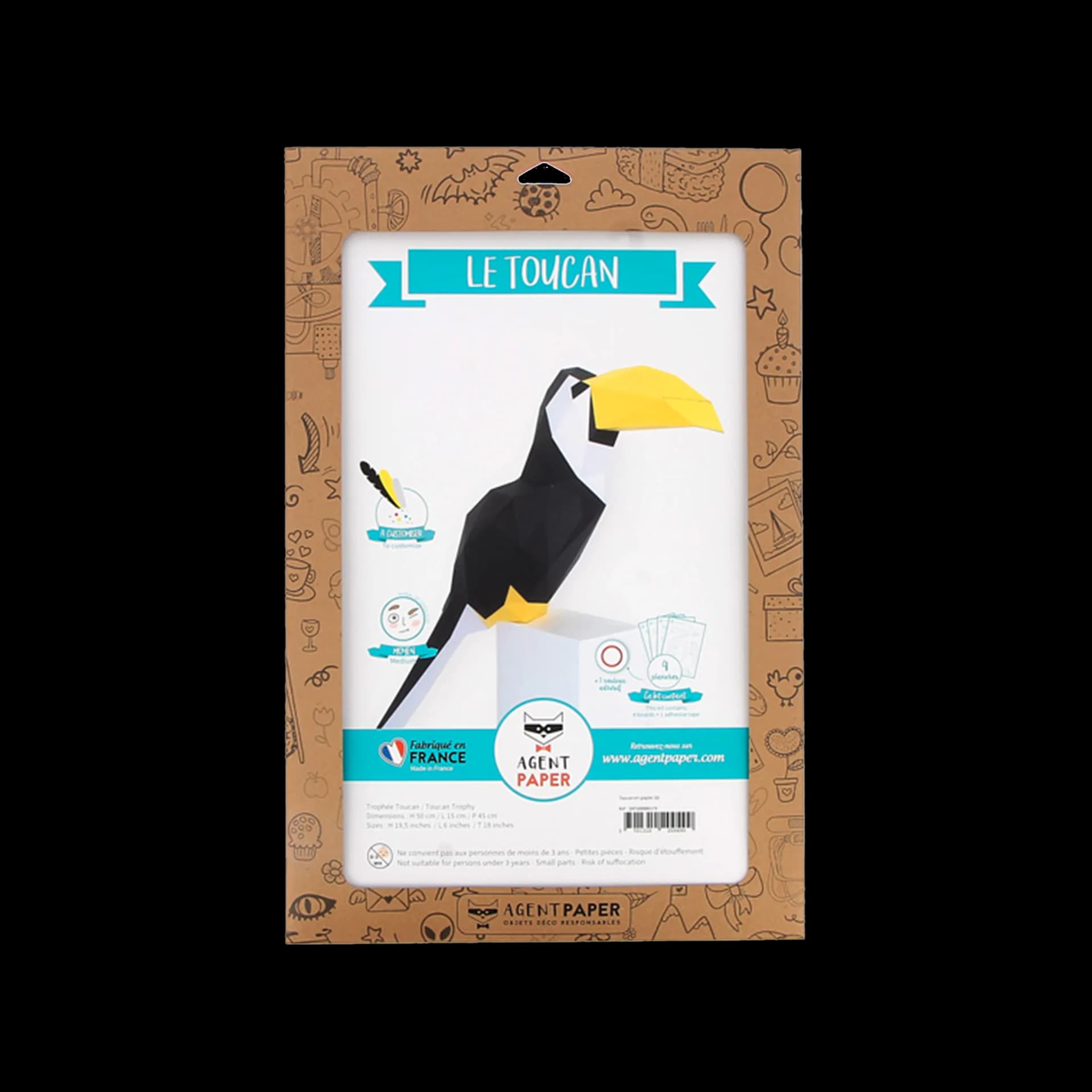 Kit origami 3D en papier du toucan noir blanc et jaune