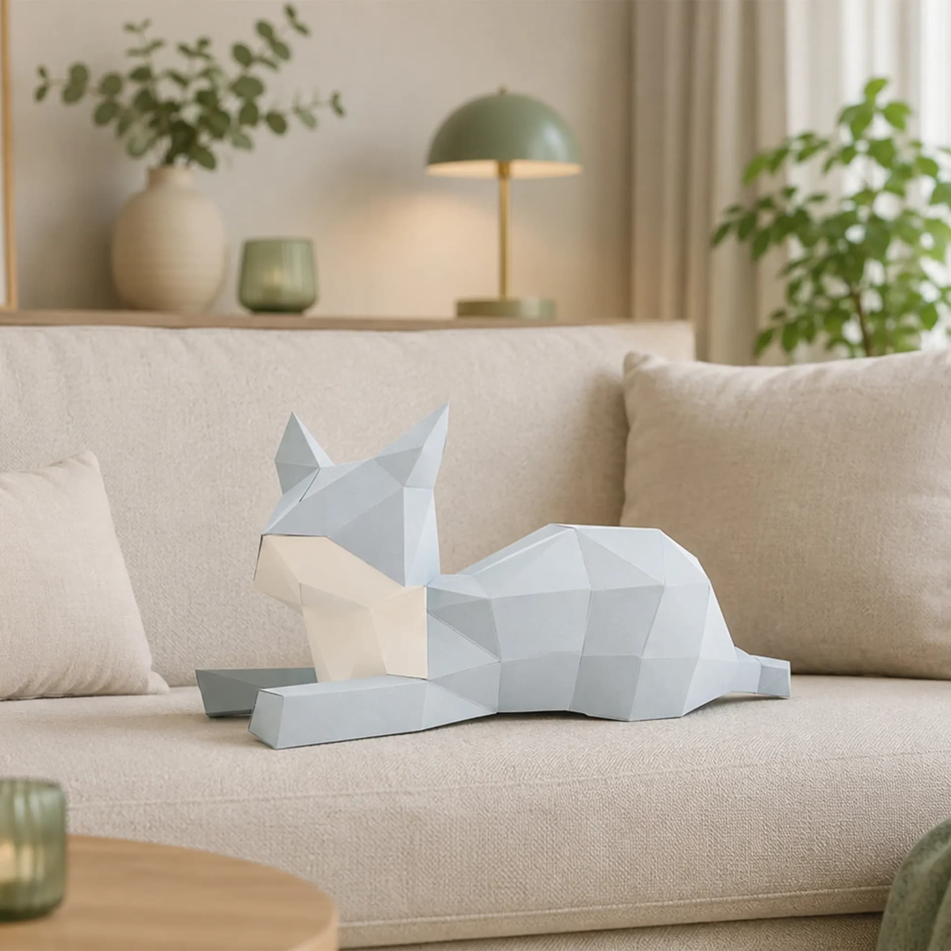 Décoration en papier trophée babies chat gris poser sur un canapé de salon