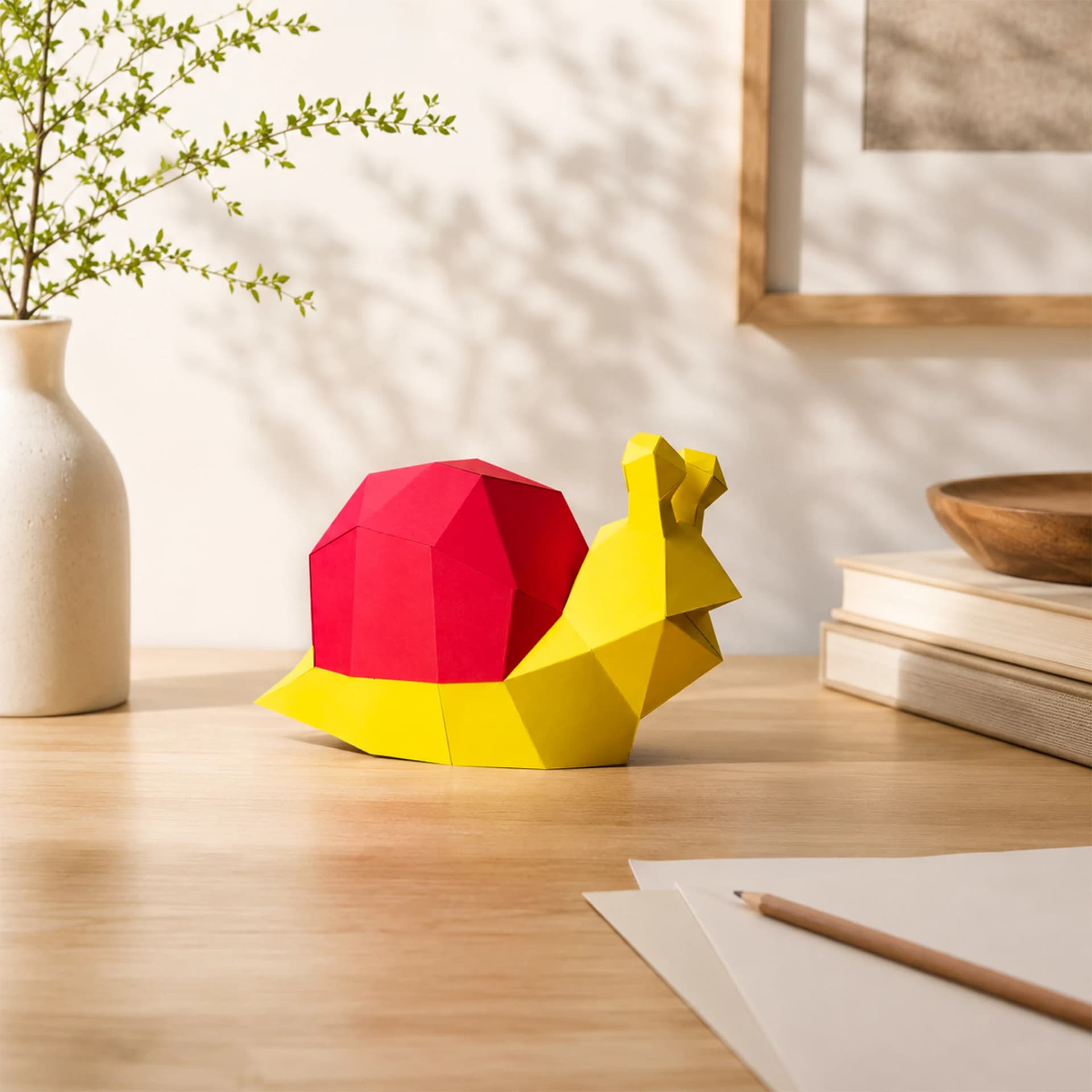 Décoration en papier trophée babies escargot rouge et jaune posé sur un bureau en bois