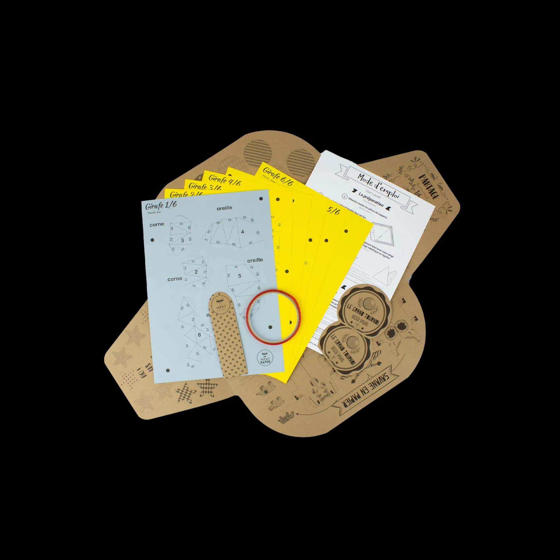 contenu kit origami 3D trophée babies escargot rouge et jaune girafe jaune