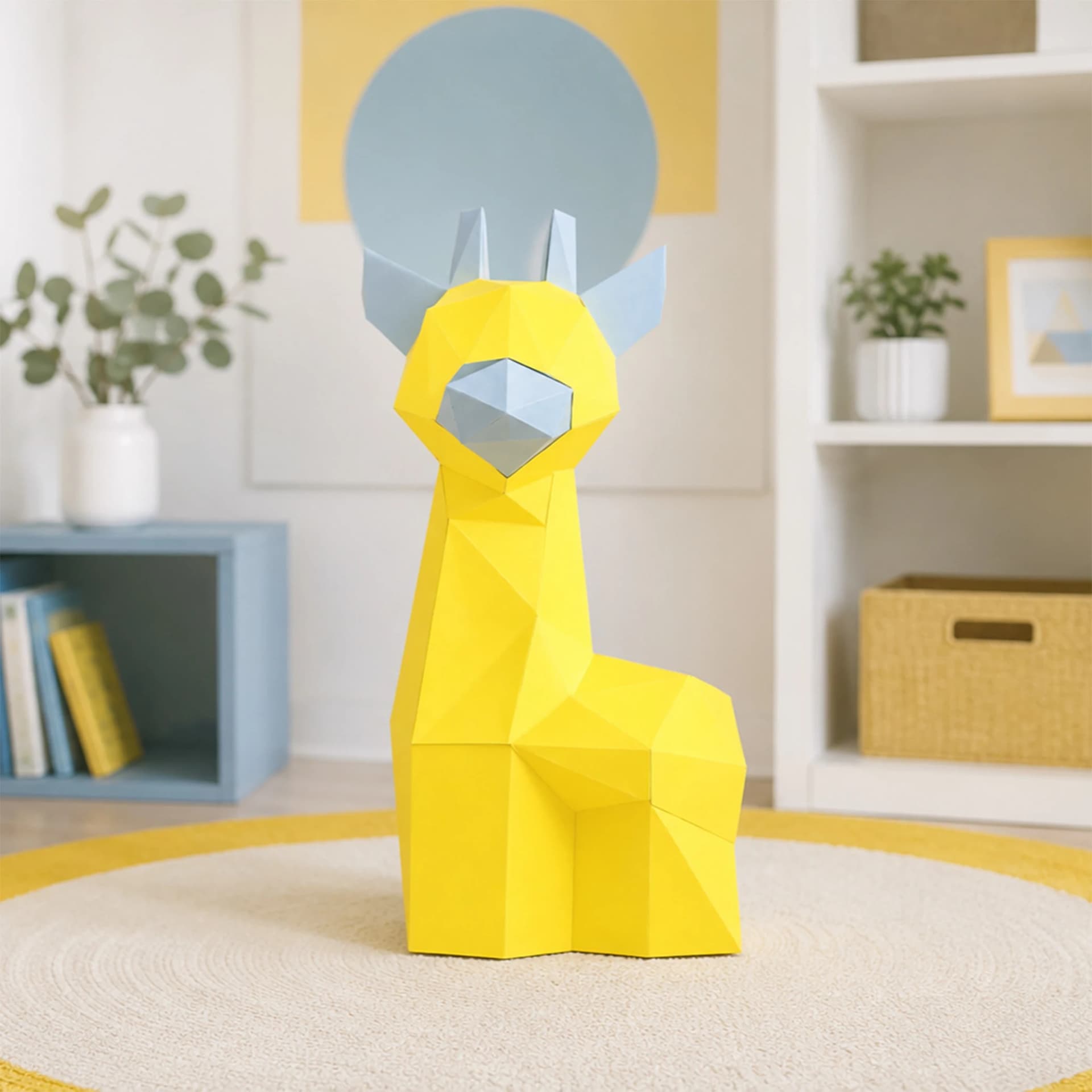 Décoration en papier trophée babies girafe jaune sur un tapis d'une chambre d'enfant