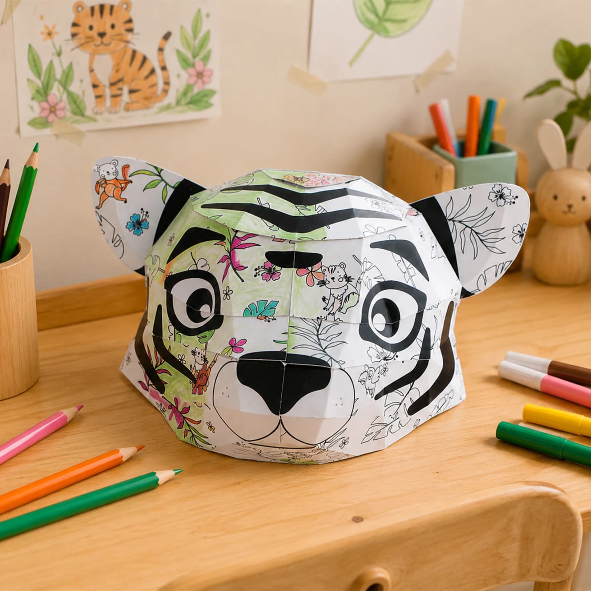 Décoration easy peasy tigre à colorier accroché au mur  dans la chmabre d'un enfant