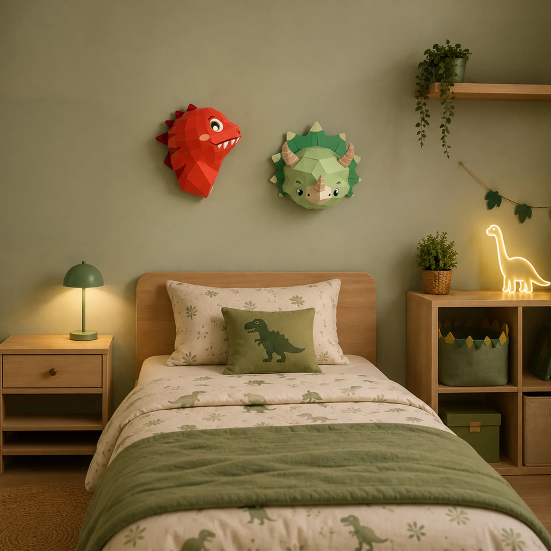 Décoration en papier trophée Easy Peasy Dinos dans une chambre d'enfant, ils sont accrochés au mur au dessus du lit