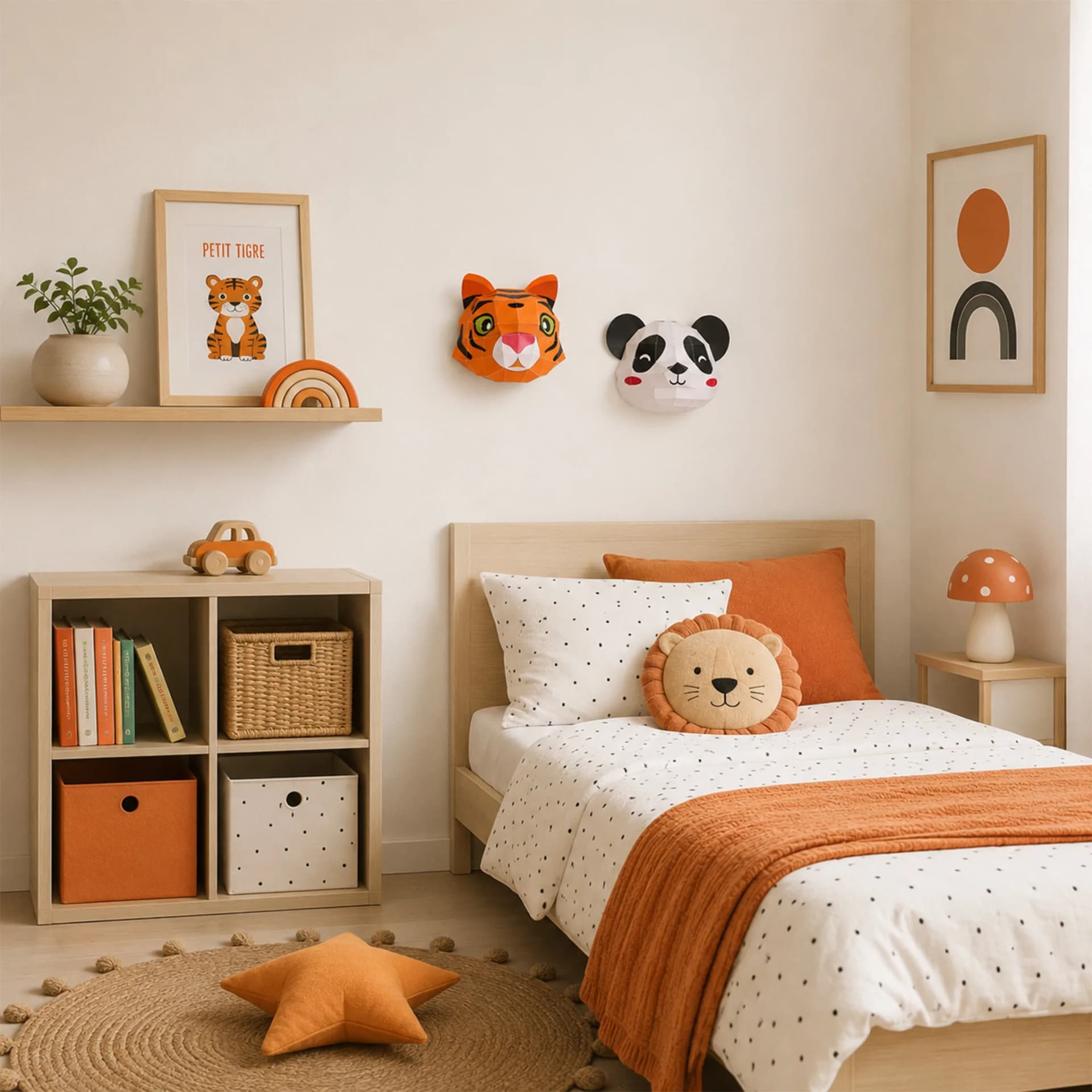 Décoration en papier trophée Easy Peasy Panda & Tigre, accrochés au mur au dessus du lit