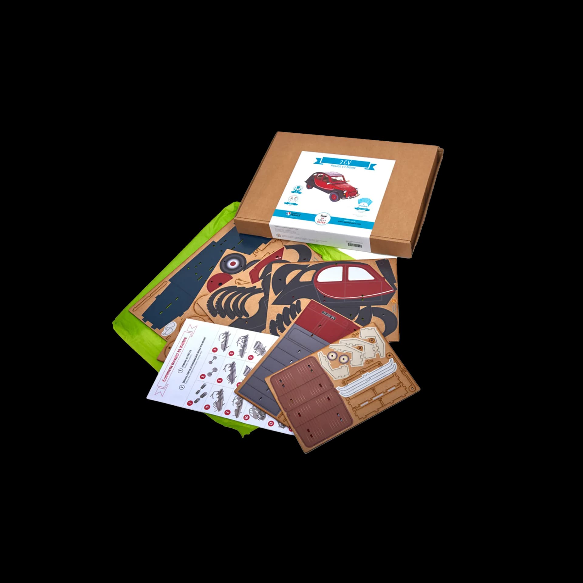 Contenu kit trophée décoration en bois Voiture 2CV rouge