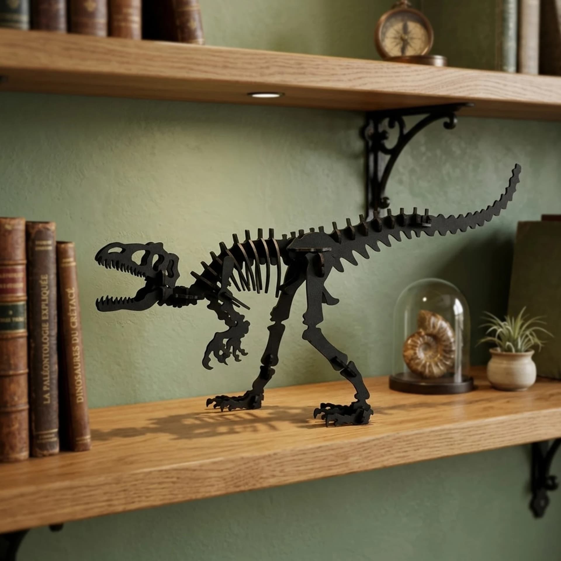 Tyrannosaure en carton posé sur une étagère décorative