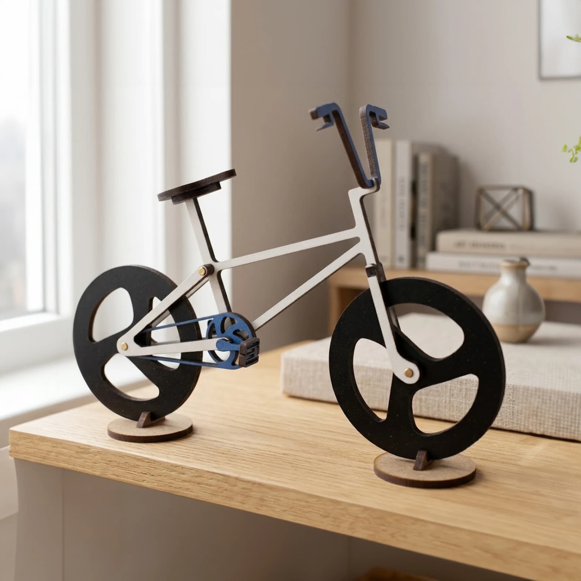 Maquette de vélo en bois, type BMX, en situation, posée sur une table d'un salon